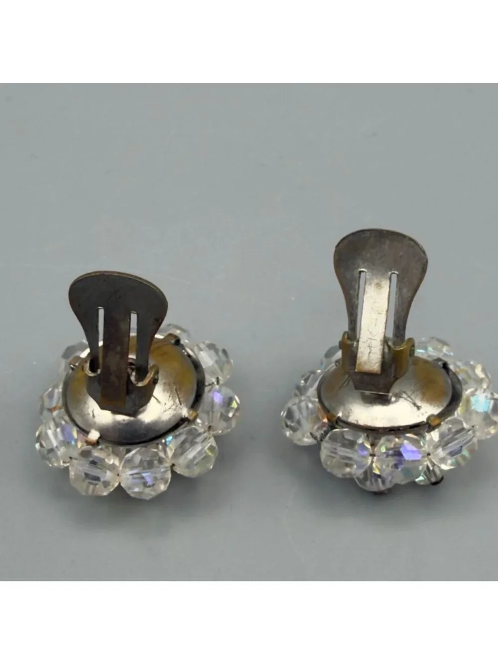 Vintage Aurora Borealis Crystal Bead Cluster Flower Clip-On Earrings